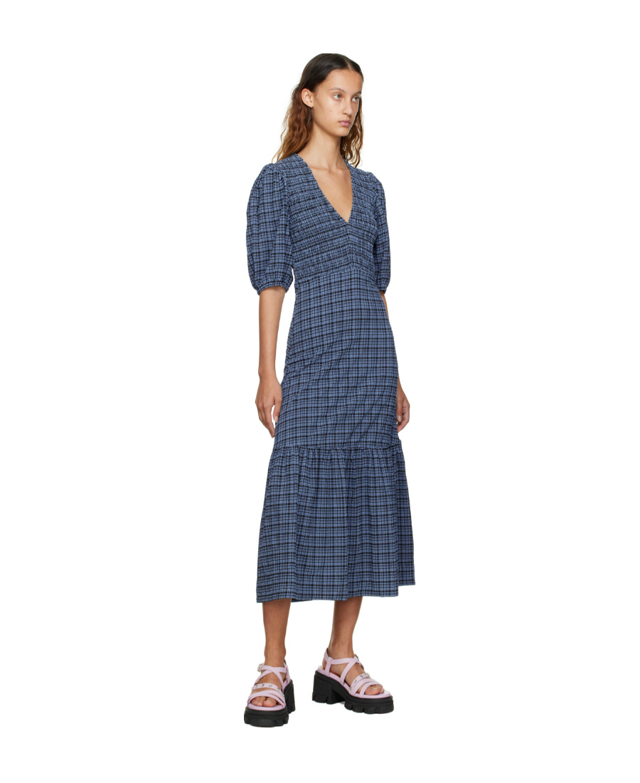 Ganni Check-print Seersucker Midi Dress In Blue