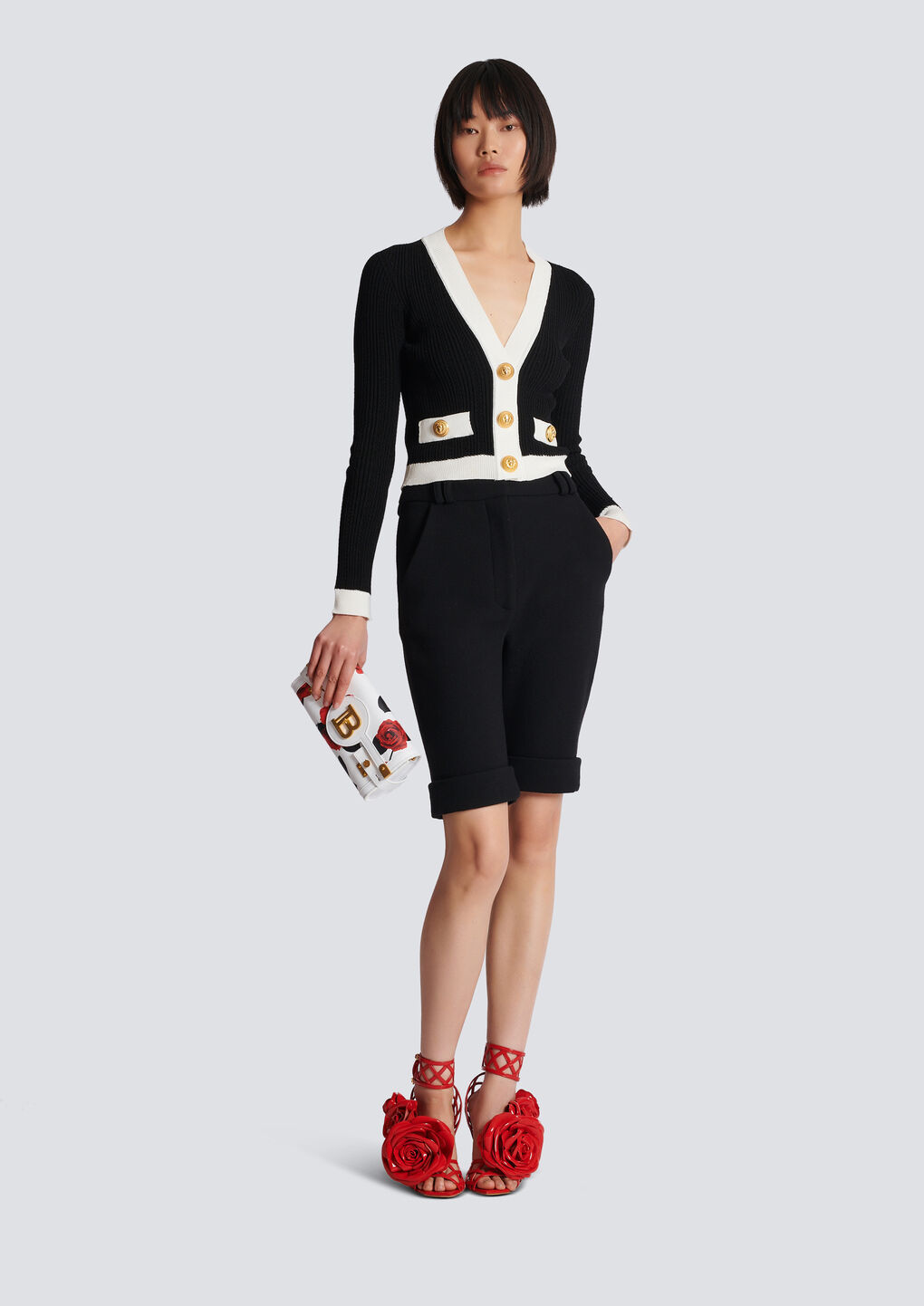 Balmain Contrast-border Ribbed Knit Cardigan In Black