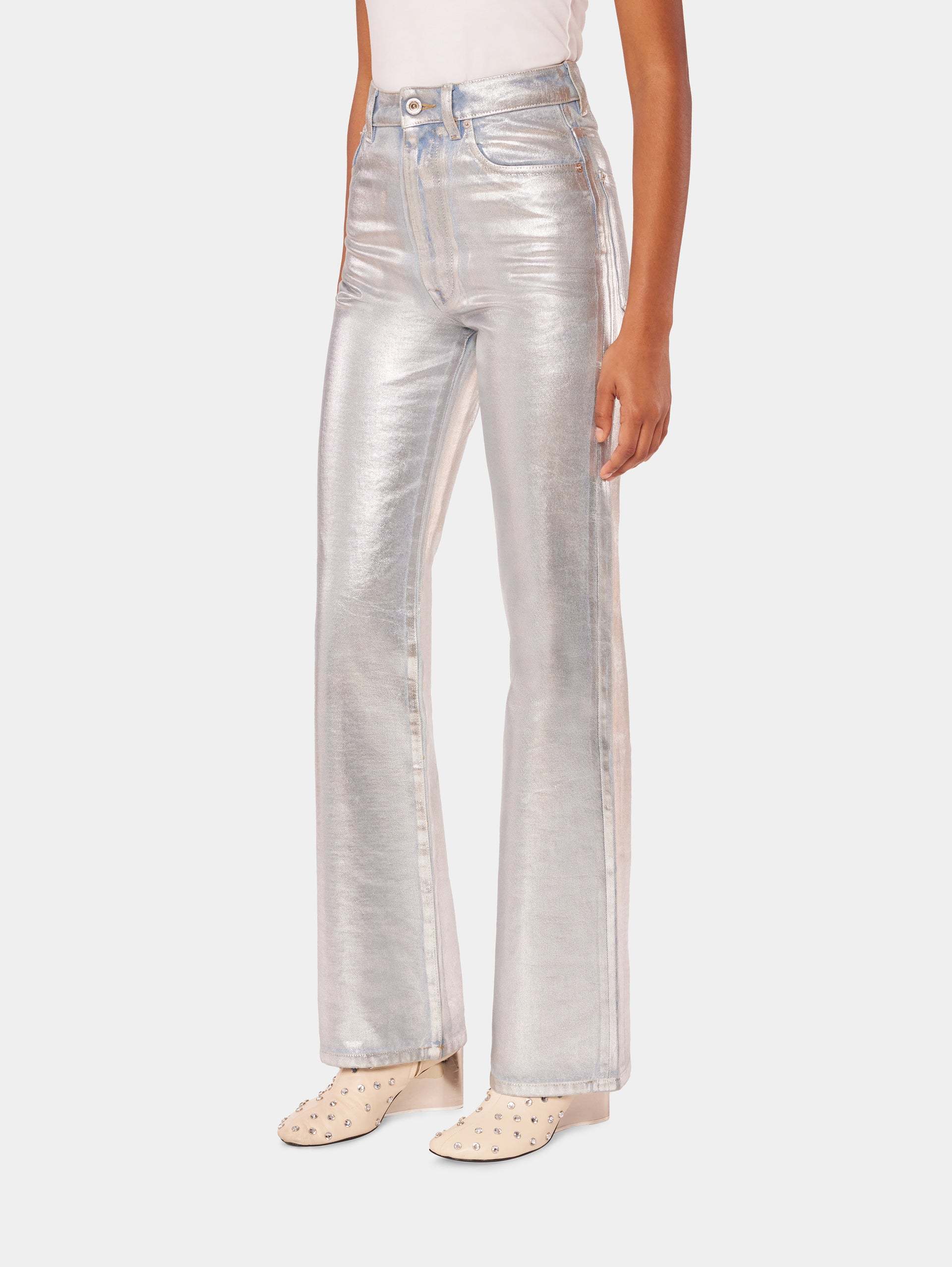 Rabanne Metallic High-rise Straight Pants In Gray