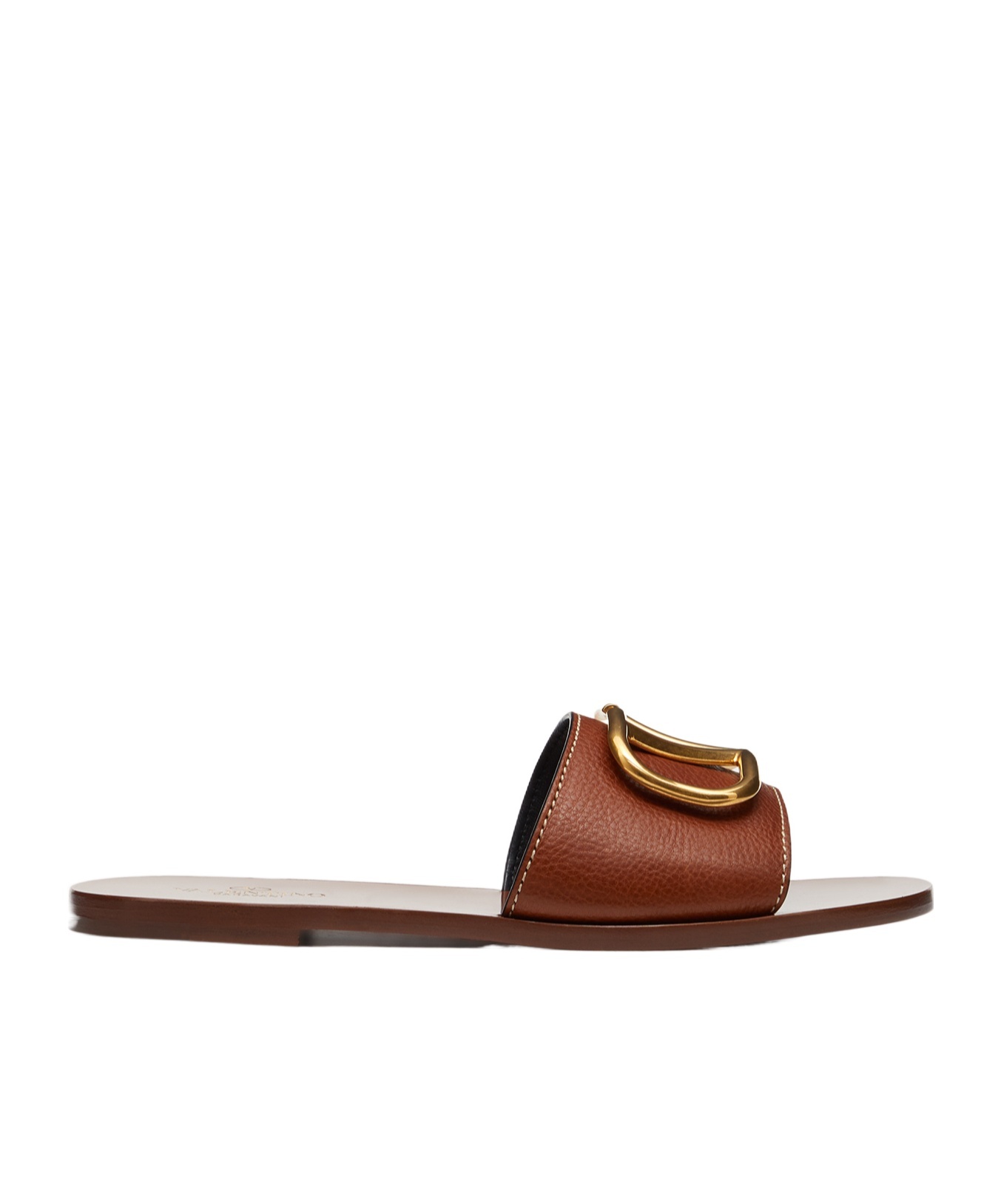 Shop Valentino Vlogo Signature Slide Sandal In Grainy Cowhide With Accessory In Brown