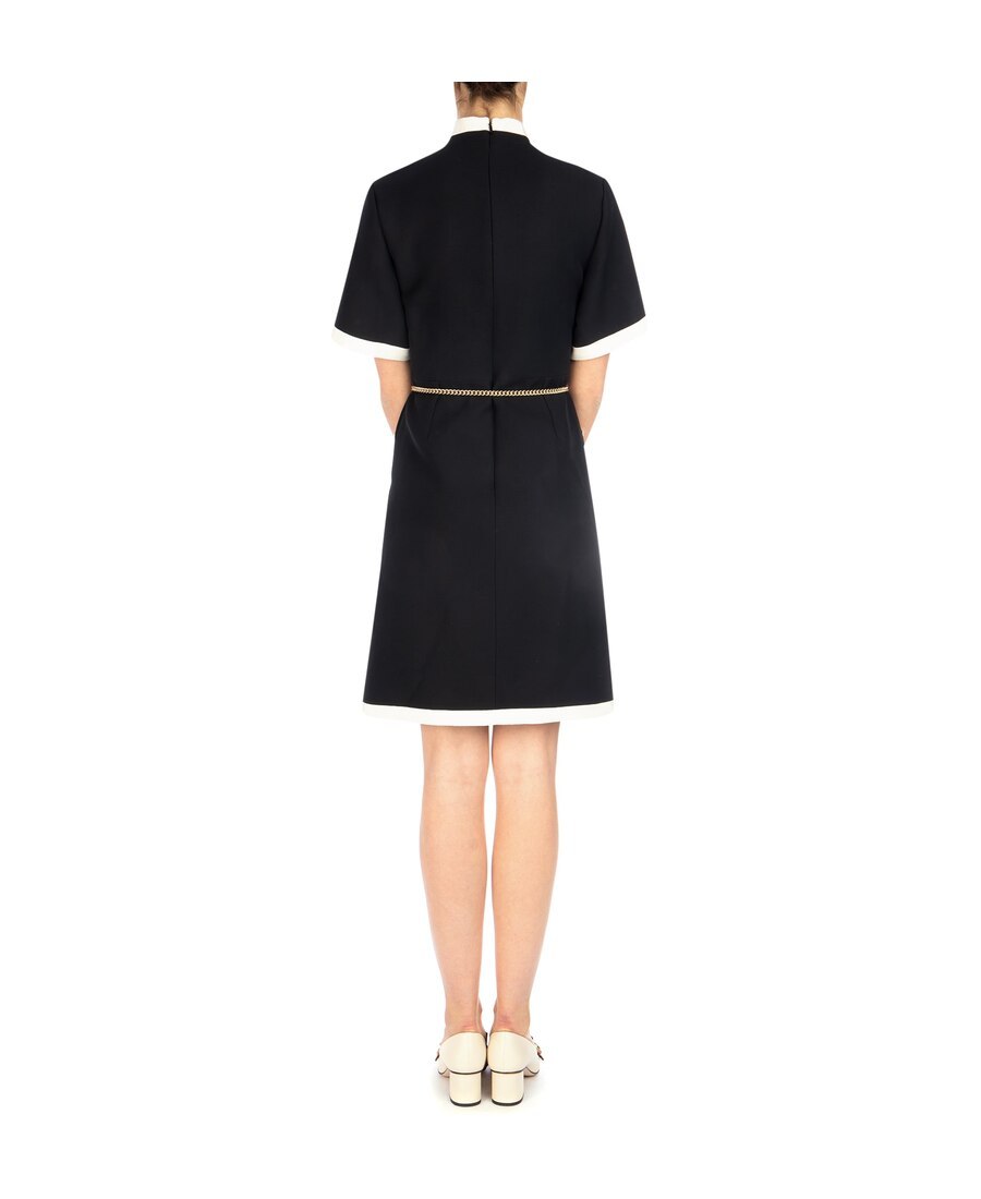 Gucci Short Wool Silk Dress With Chain Belt In Black