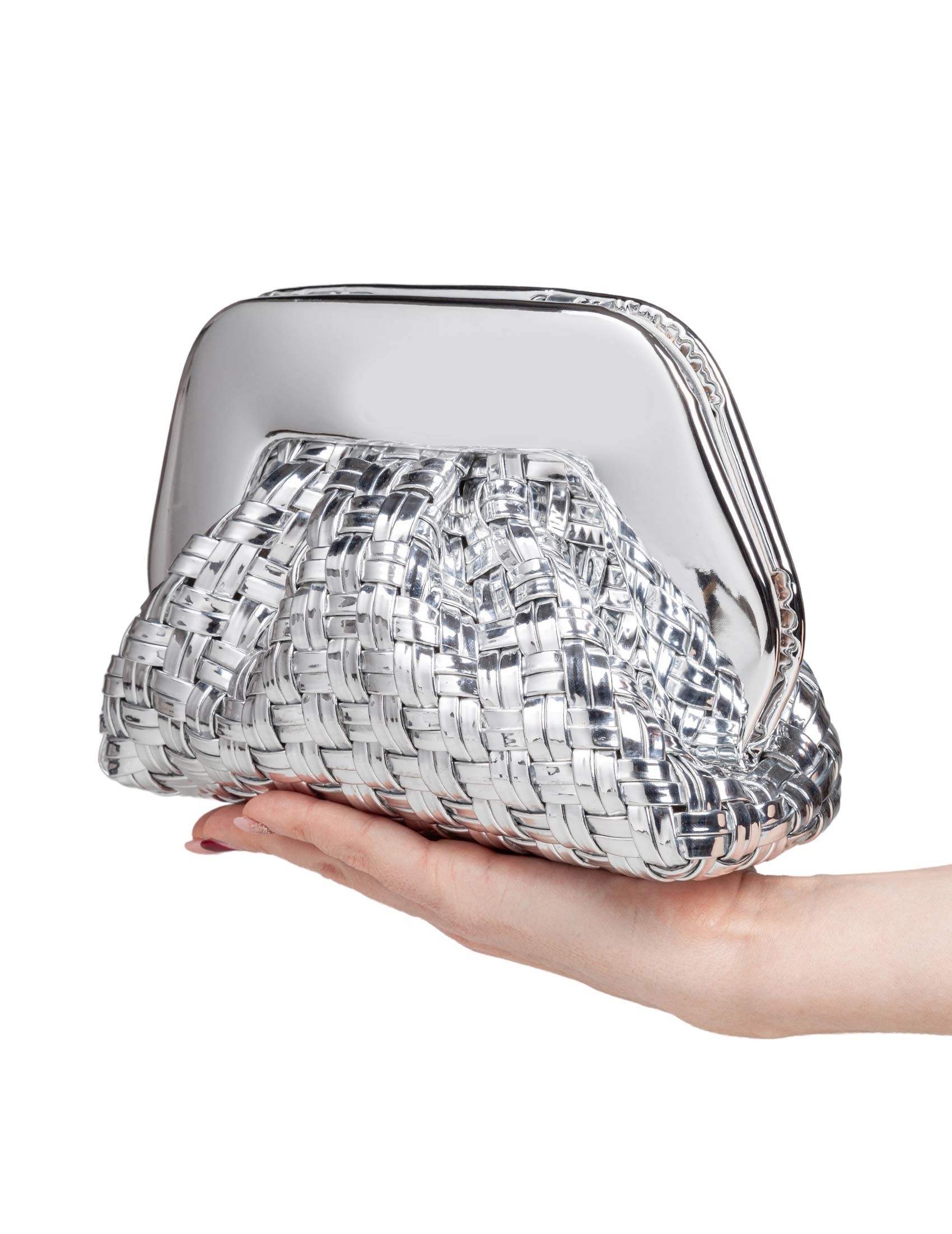 Themoirè Silver Mirror Effect Vegan Fabric Clutch Bag In White