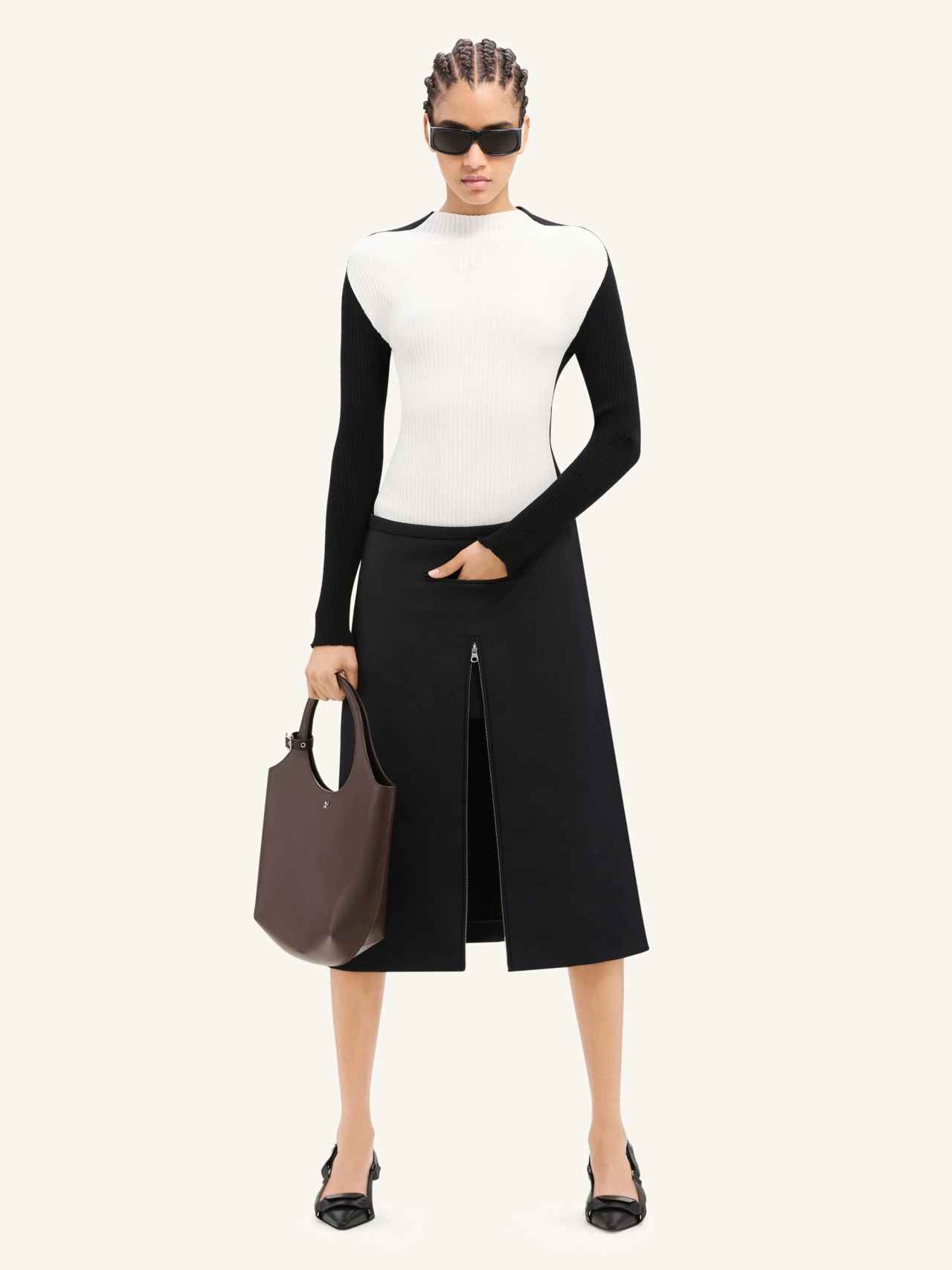 Shop Courrèges Zip-detail Twill Midi Skirt In Black