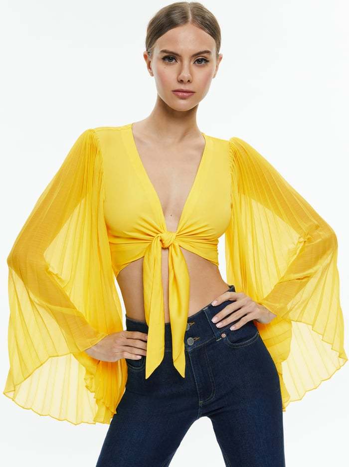 Alice And Olivia Rochelle Tie Front Pleated Crop Top In Yellow