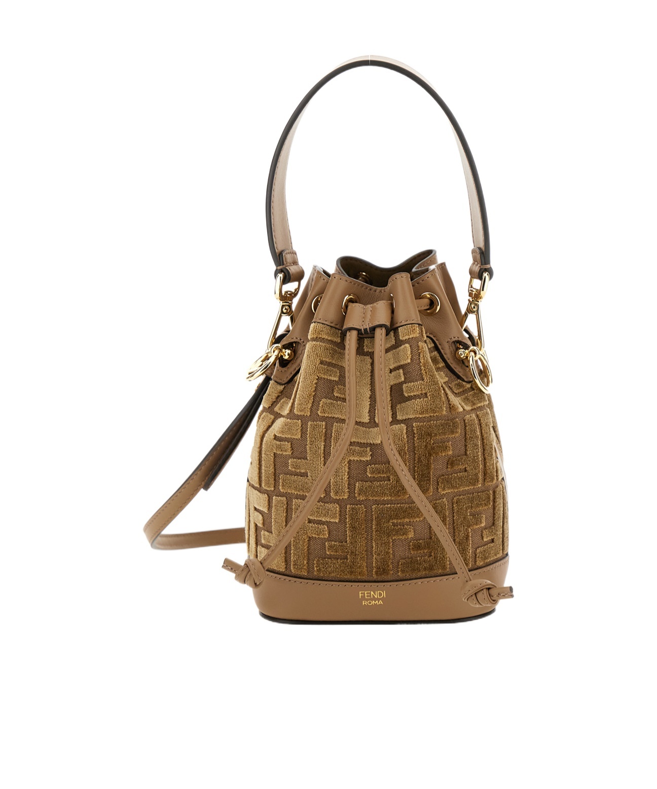 Fendi Mini Leather Bucket Bag With Monogram Pattern In Brown