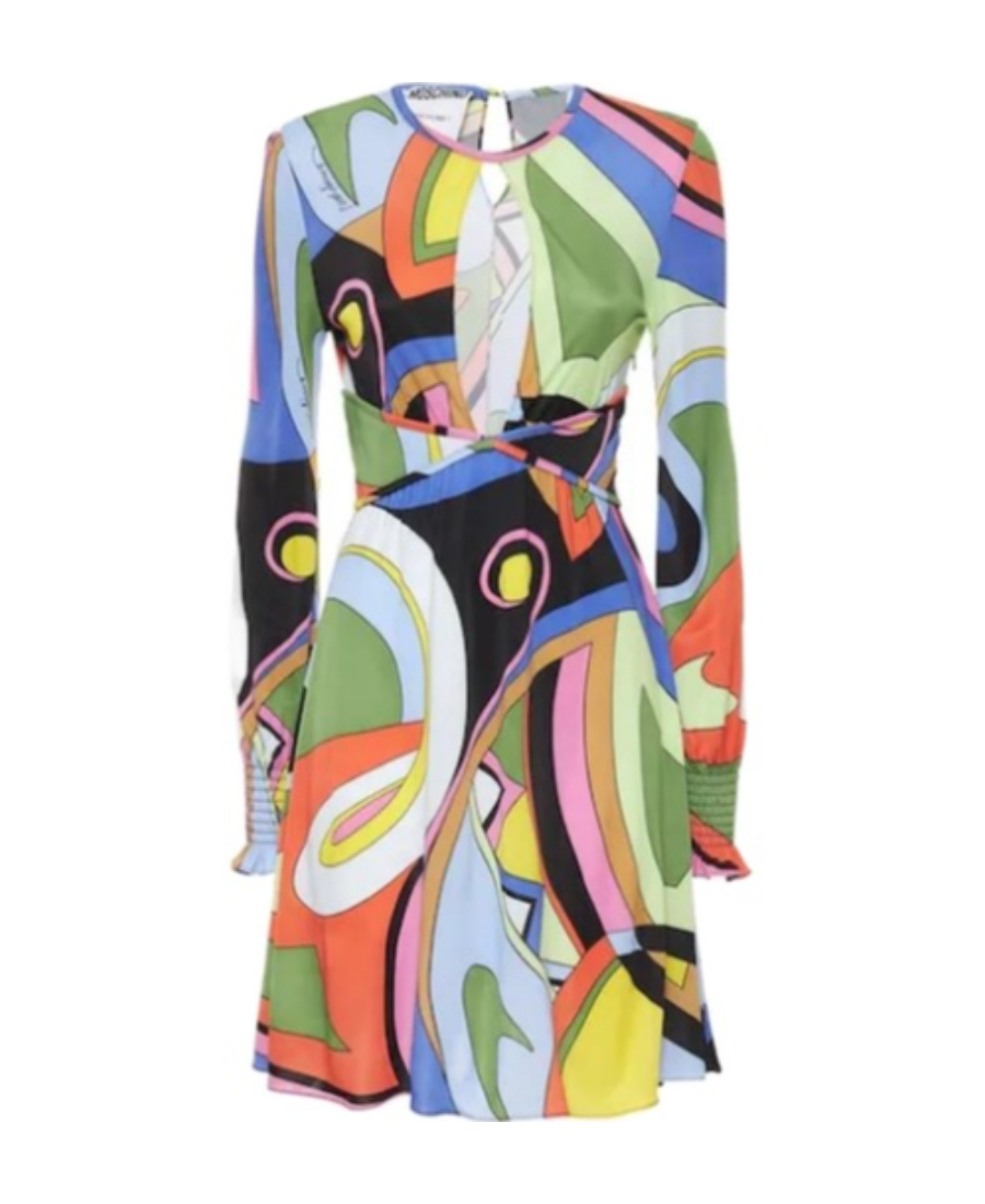 Moschino Printed Long Sleeve Dress With Keyhole Neckline In Multicolor