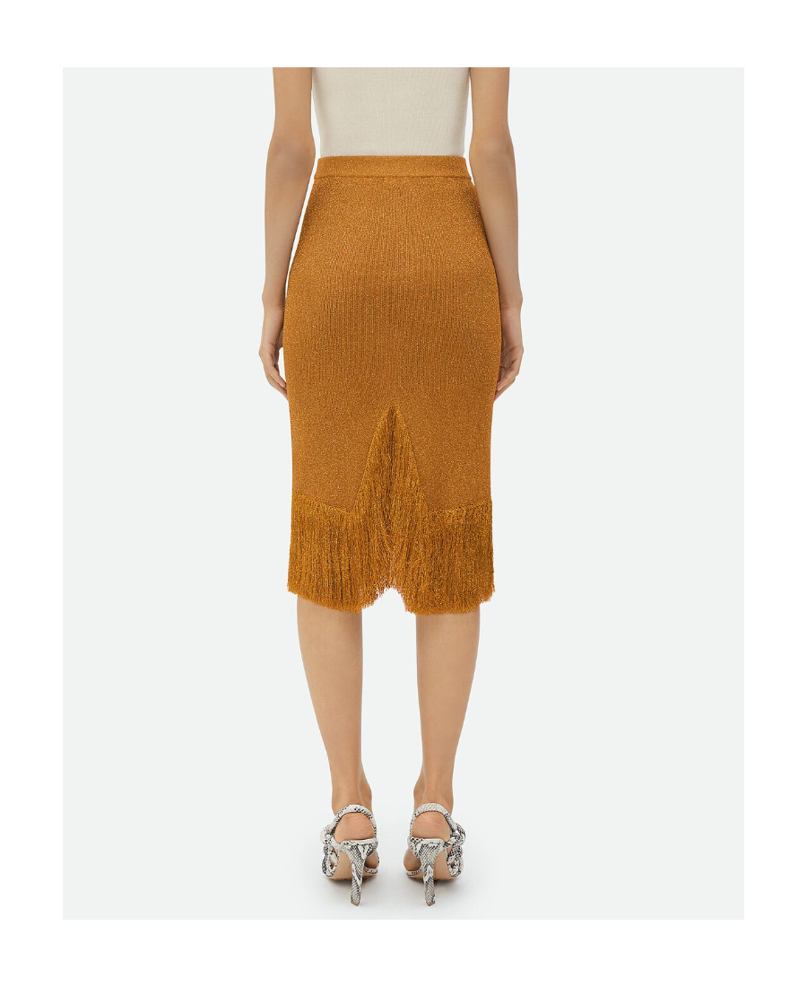 Bottega Veneta Fringed Hem Lurex Ribbed Midi Skirt In Brown