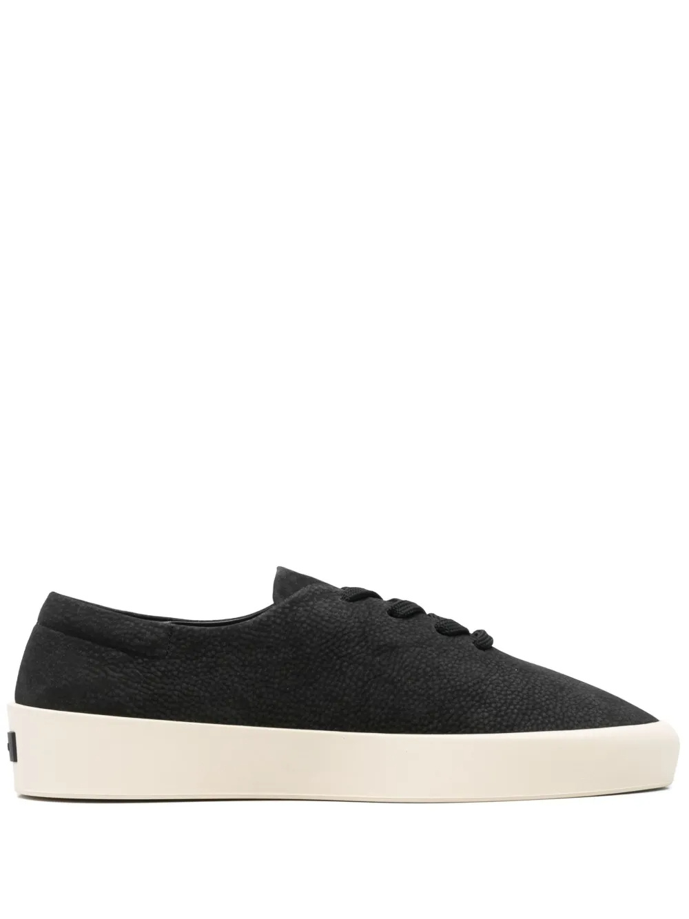 Fear Of God Round Toe Suede Low-top Sneakers With Logo Detail In Black