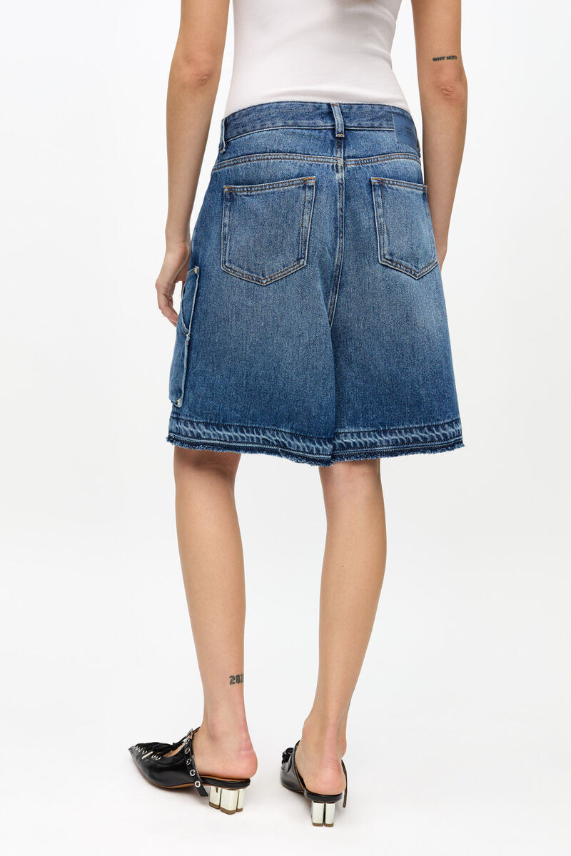 Ganni Blue Shorts With Belt Loops And One Front Patch Pocket In Denim Woman In Blue