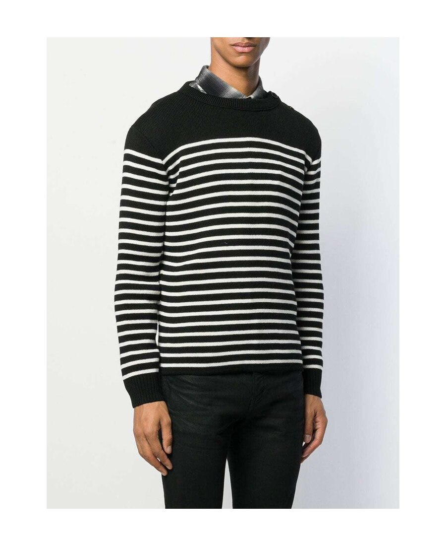 Saint Laurent Buttoned-shoulder Striped Jumper In Black