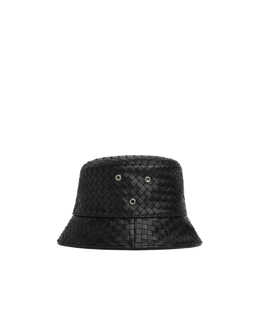 Bottega Veneta Black Bucket Hat With Metal Eyelets And Intreccio Motif In Leather Man In Black