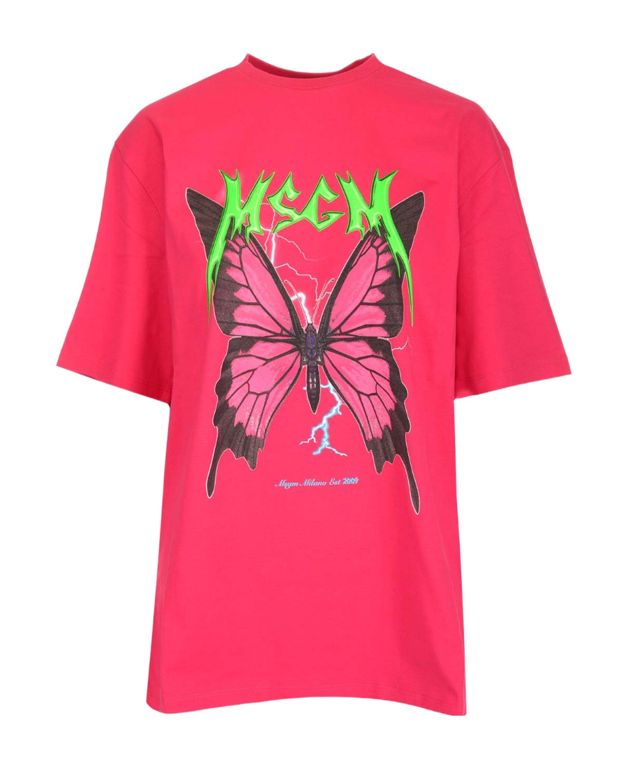 Msgm Butterfly Printed Big Profile T-shirt In Pink