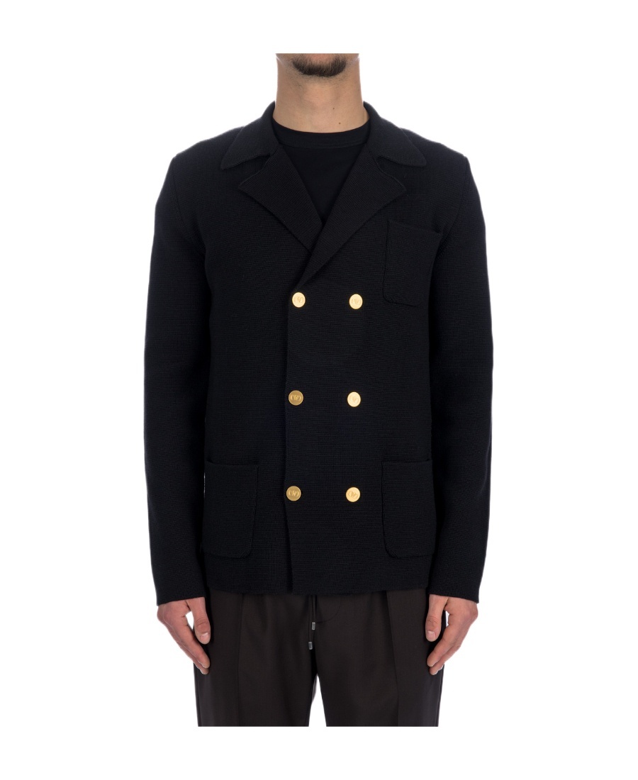 Valentino Structured Double-breasted Wool Cardigan With Chest And Patch Pockets In Black