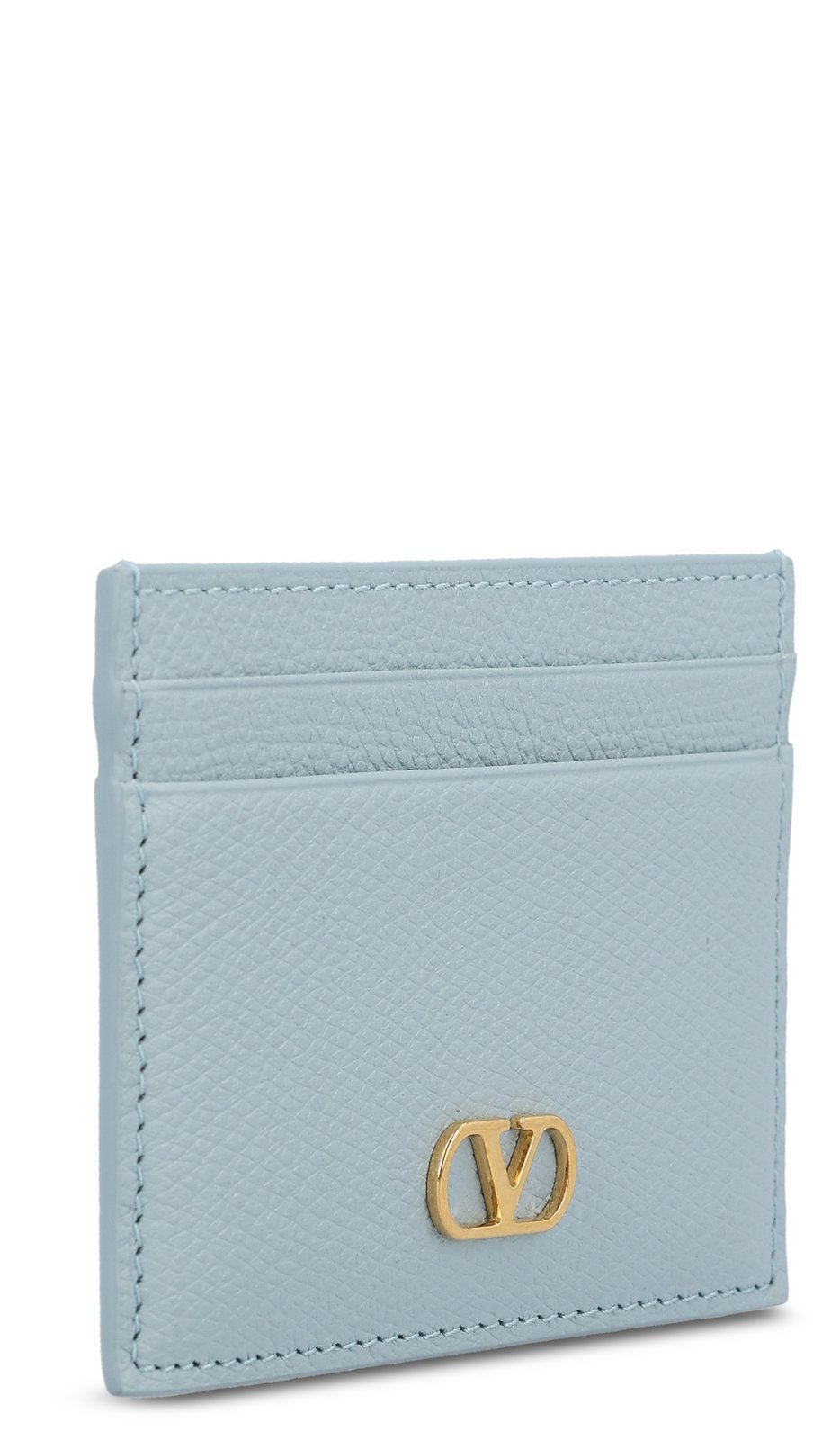 Valentino Blue Vlogo Signature Grainy Calfskin Card Holder In Gray