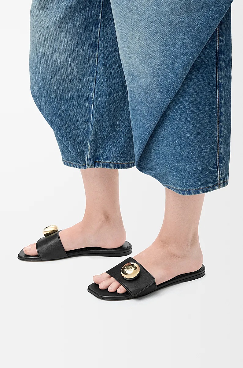 Loewe Elegant Black Calf Leather Sandals With Gold Embellishment In Black