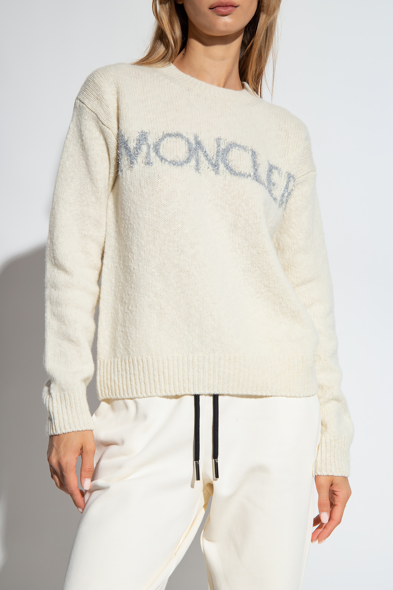 Moncler Logo Embroidered Crewneck Knit Sweater In White