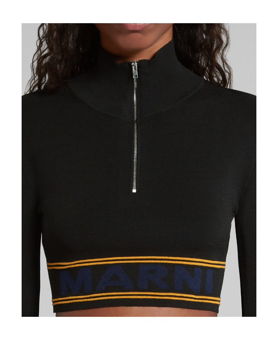 Marni Cropped Top With Ribbed Funnel Neck In Black