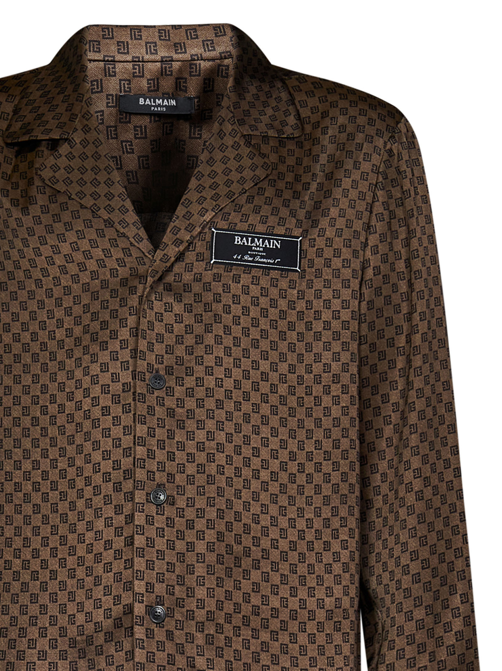 Shop Balmain Monogram-print Satin Shirt In Brown