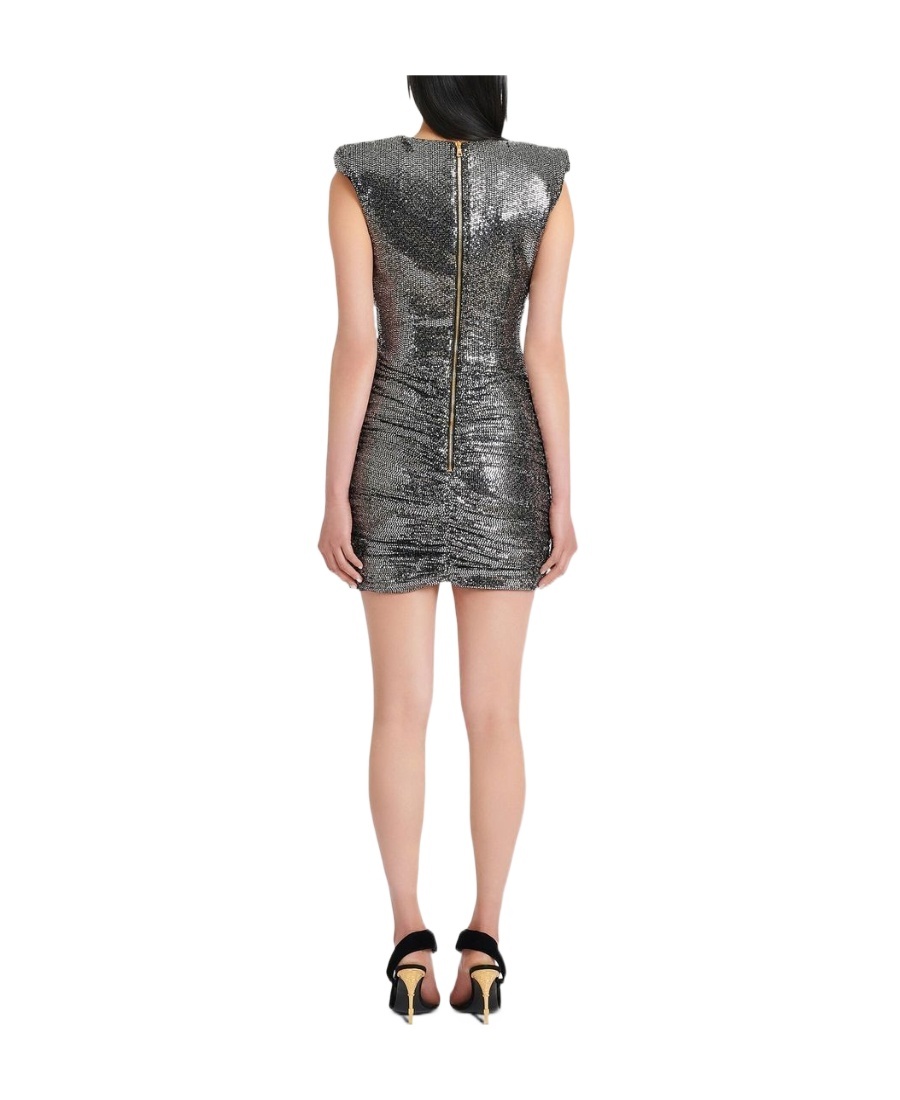 Balmain Short Draped Jersey Dress With Silver Sequins In Black