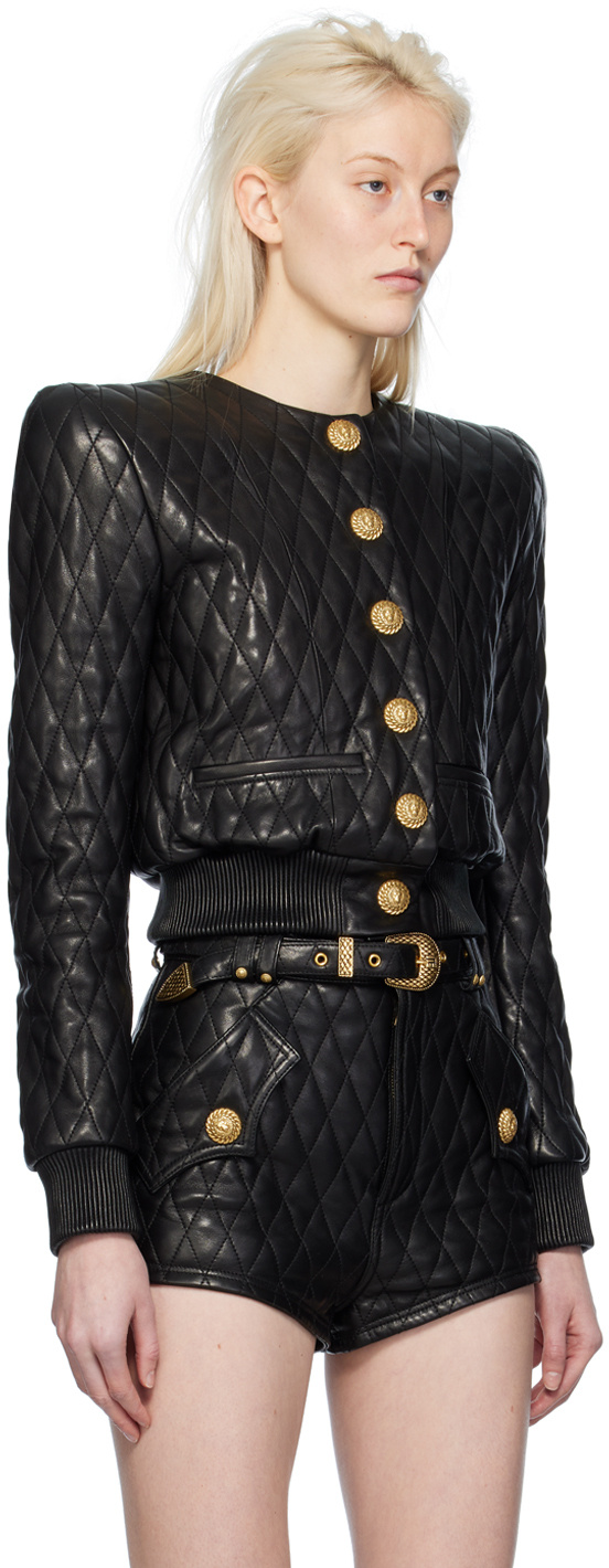 Balmain Shoulder-pads Quilted Leather Jacket In Black