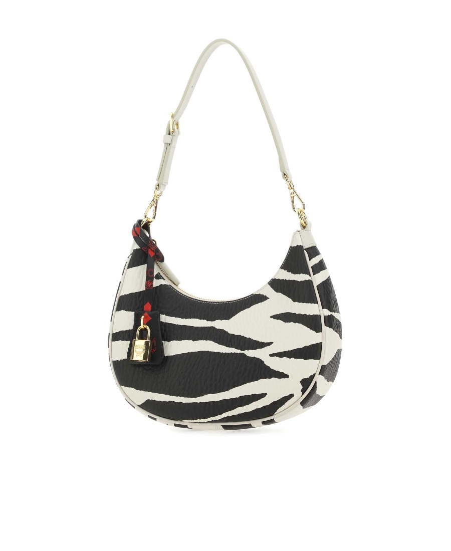 Mcm Zebra Printed Zipped Shoulder Bag In White