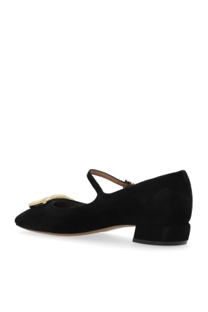 Ferragamo Suede Gancini Heeled Ballerina With Gold Hardware