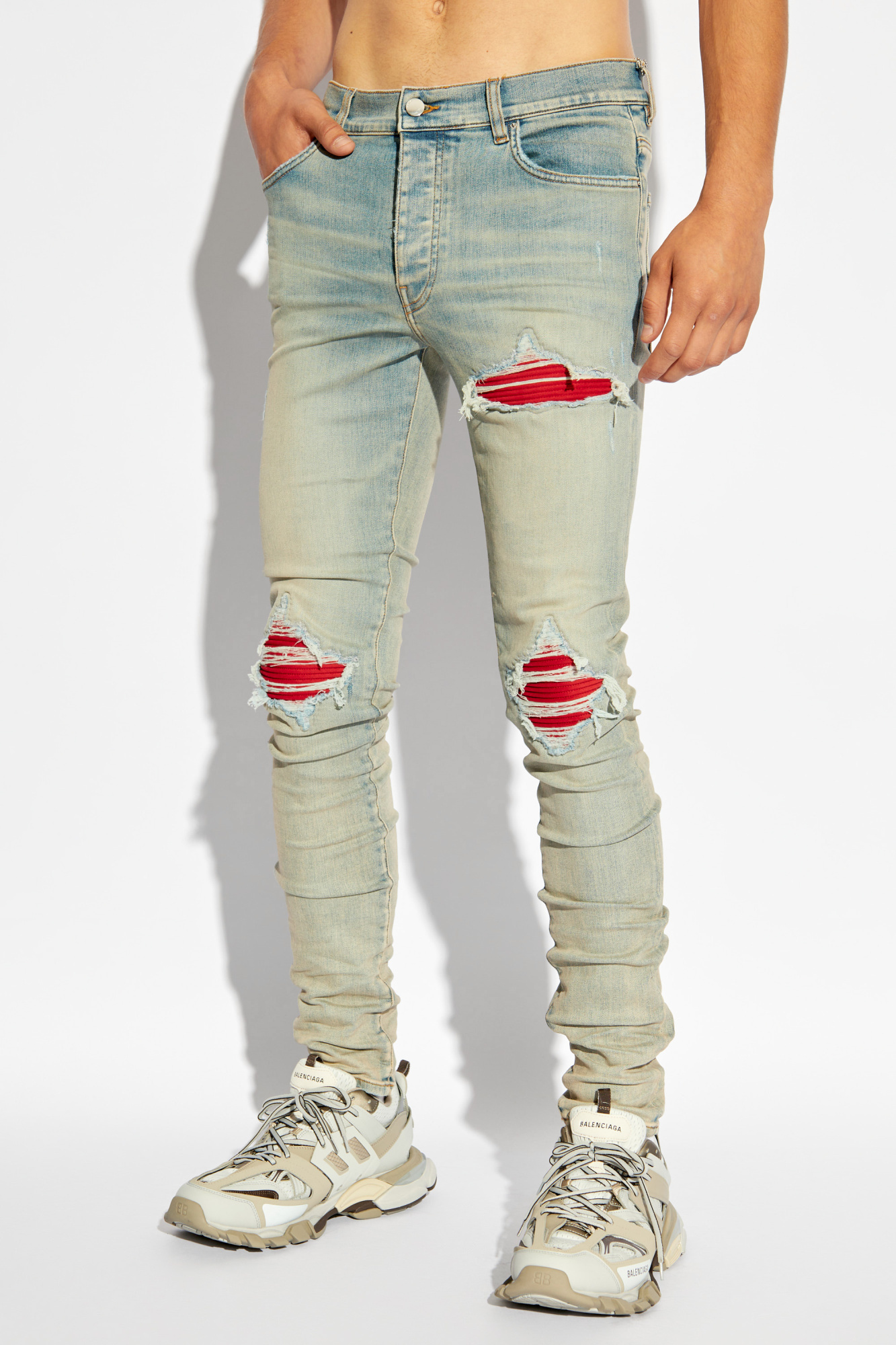 Amiri Mx1 Slim Fit Jeans With Distressed Red Accents In Gray