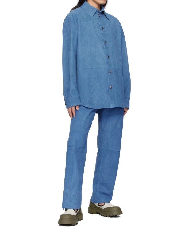 Bottega Veneta Lapel Long-sleeved Leather Jacket In Blue