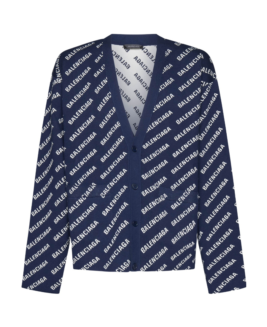 Balenciaga All-over Logo Button-up Cardigan In Blue
