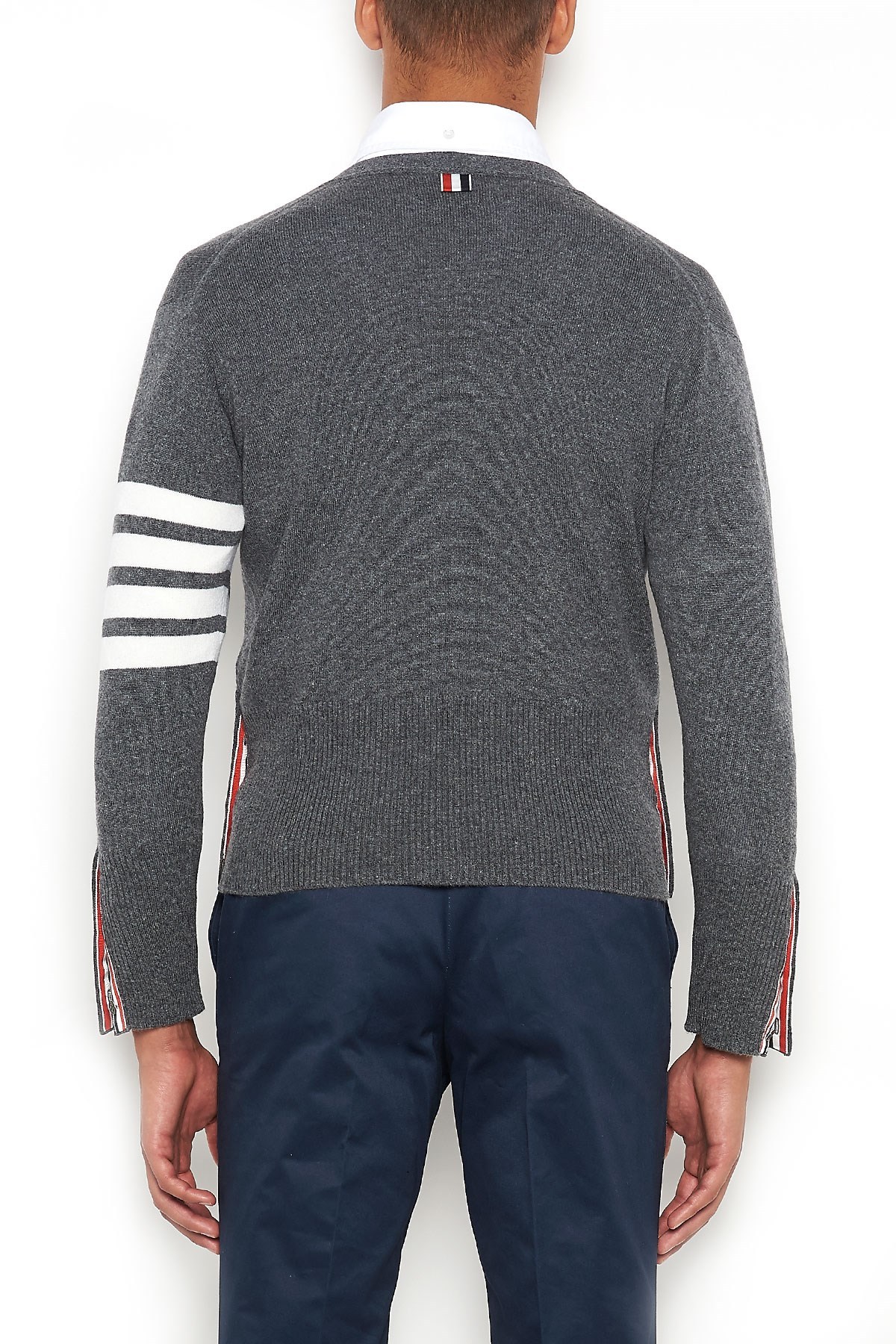 Shop Thom Browne Short V-neck Cardigan With 4-bar Stripe In Medium Grey Cashmere In Black