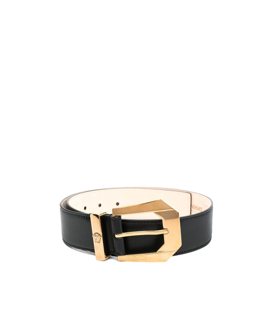 Versace Embossed-logo Gold-tone Belt In Black