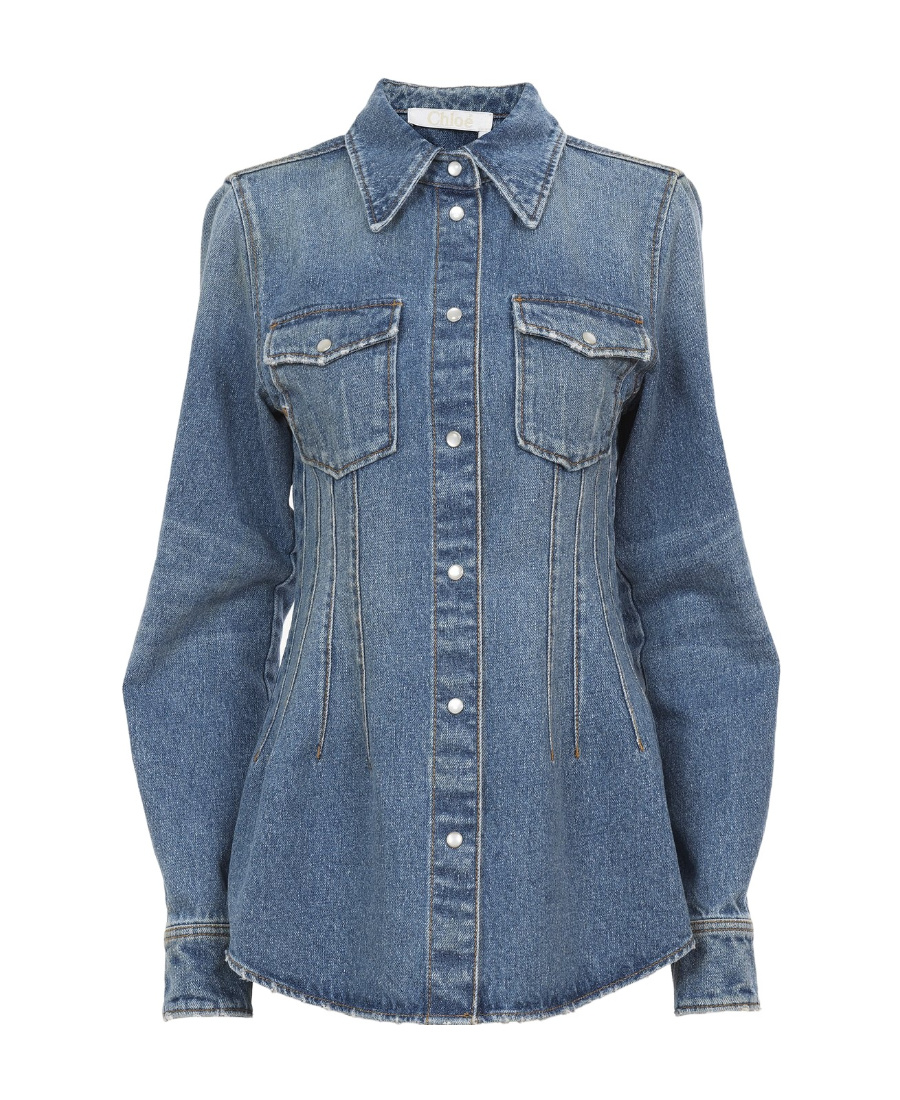 Shop Chloé Corset Detailed Western Shirt In Blue