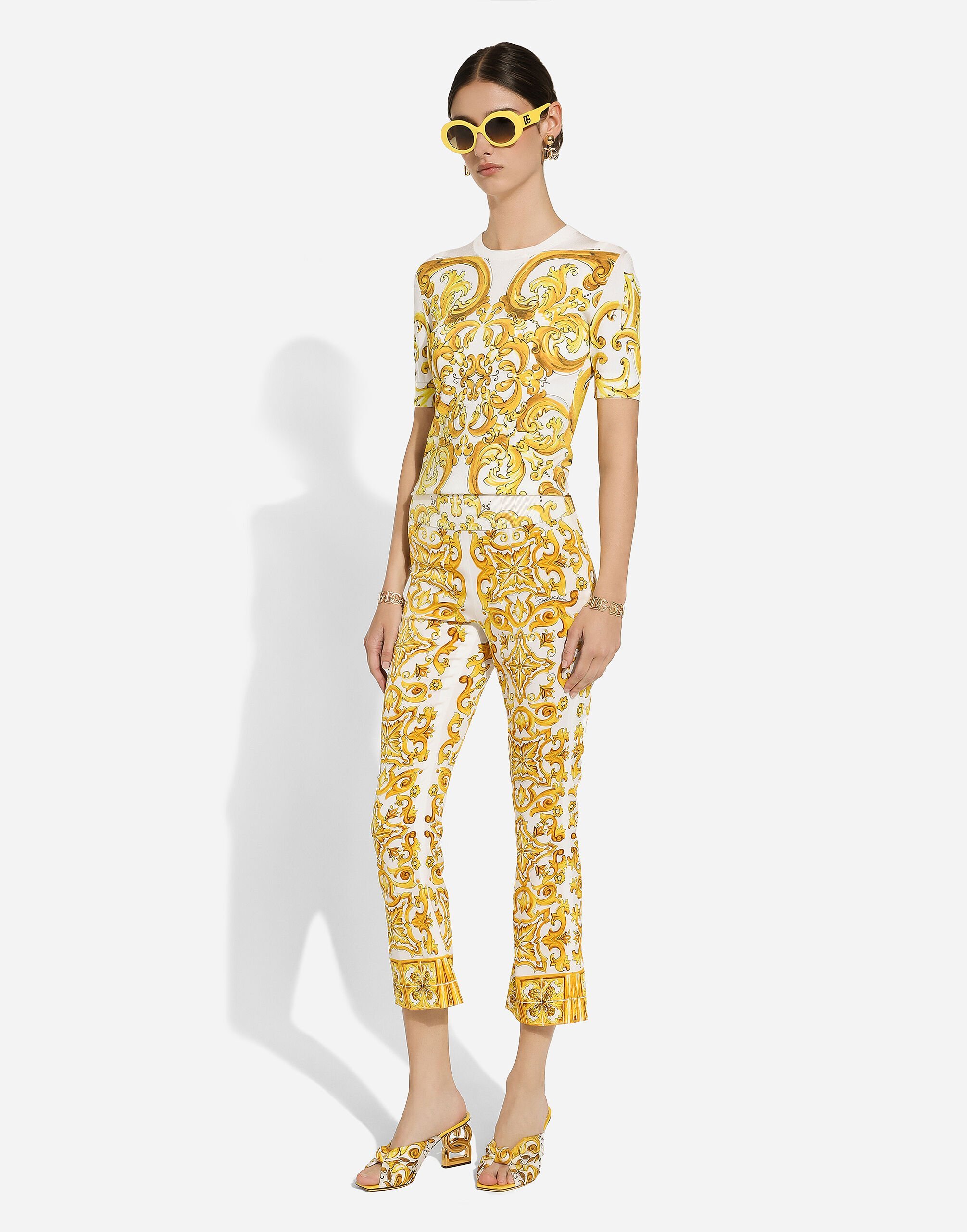 Dolce & Gabbana Majolica Trumpet-leg Silk Pants In Multicolor