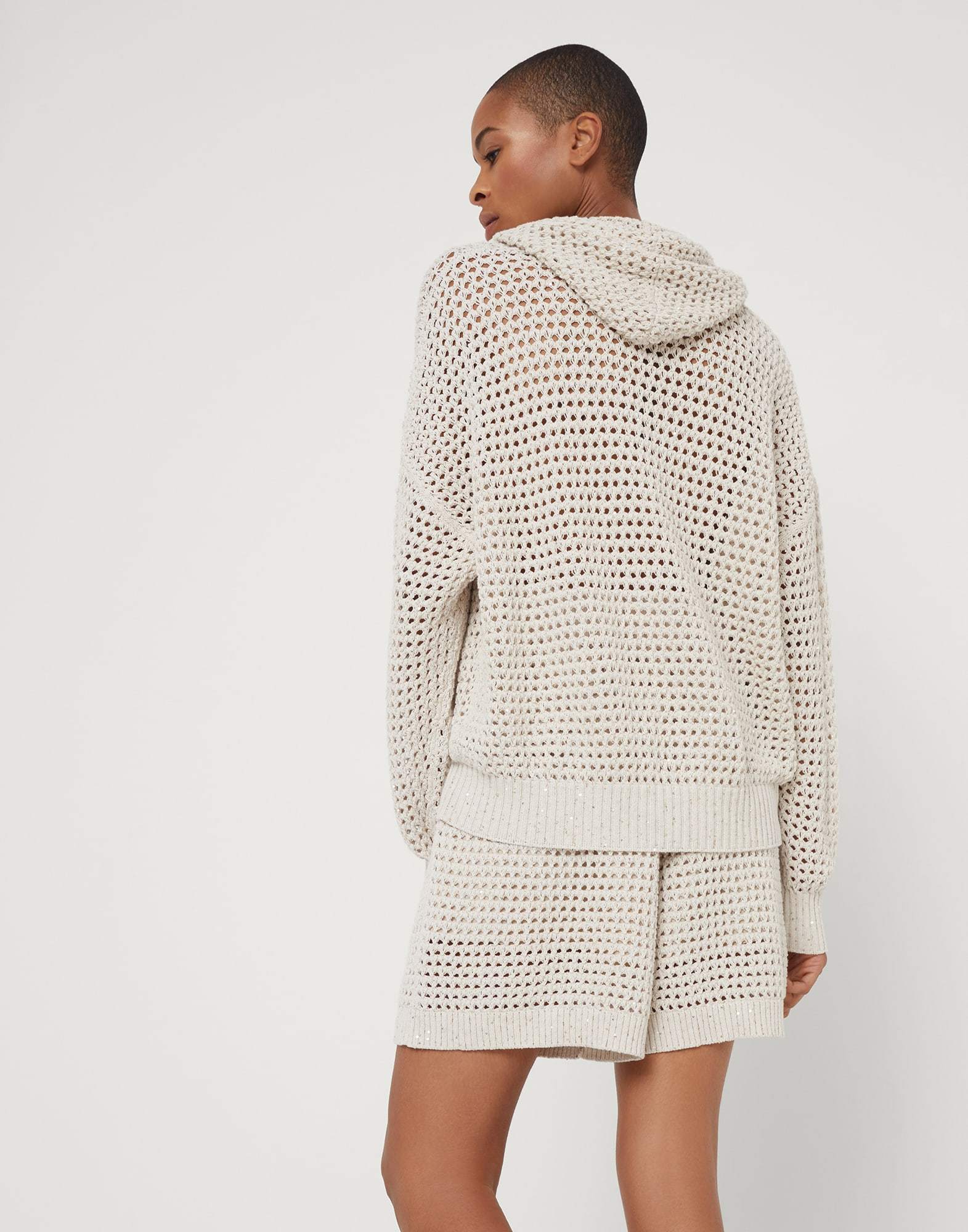 Brunello Cucinelli Women's Cotton Dazzling Net Hooded Sweater In White