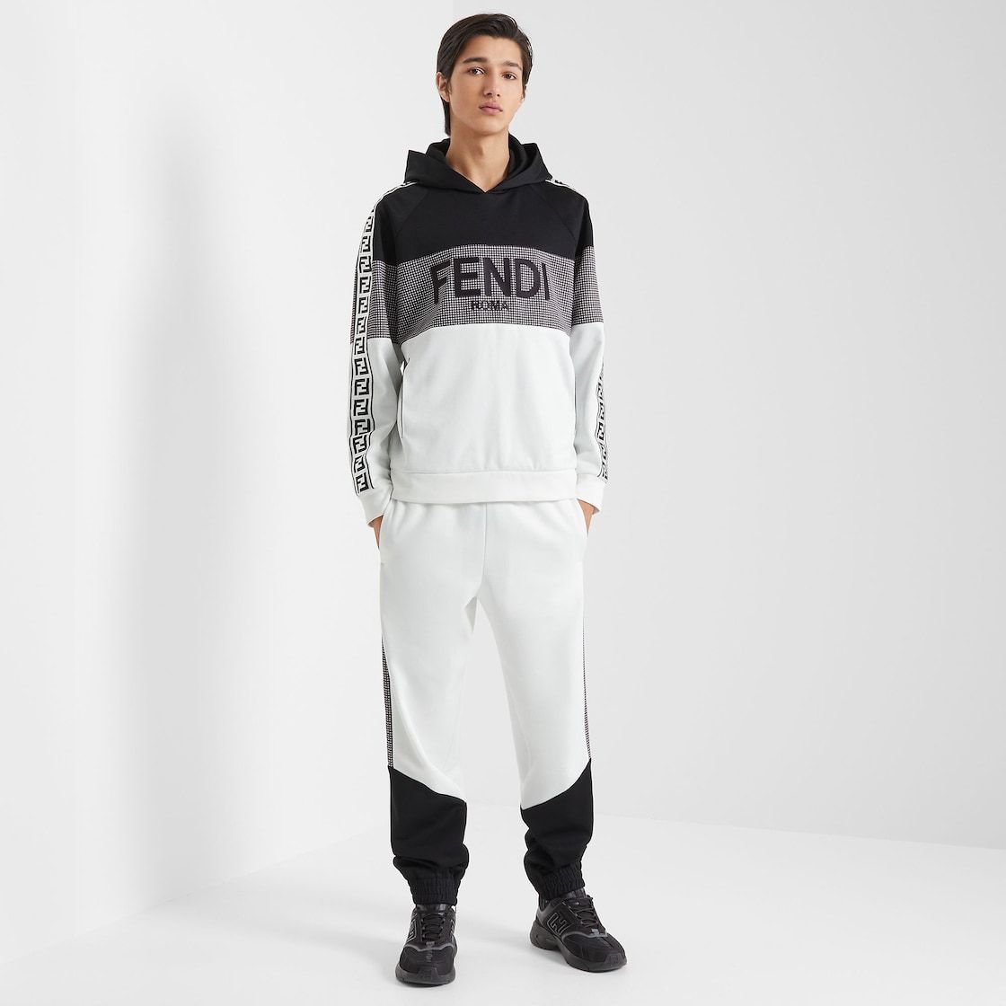 Fendi Panelled Logo-embossed Hoodie In Black
