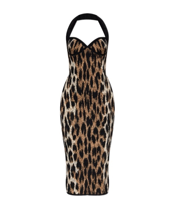 Balmain Halterneck Leopard Print Jacquard Bodycon Dress