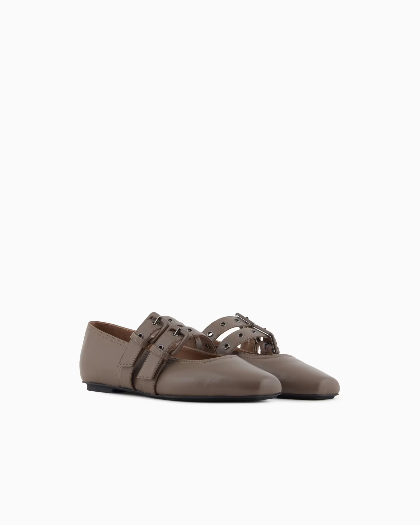 Emporio Armani Nappa-leather Square-toed Ballerinas With Double Strap In Brown
