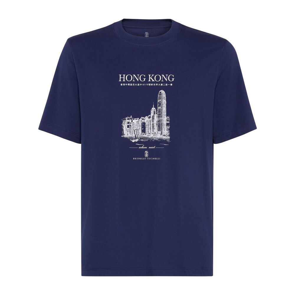 Brunello Cucinelli Cotton Hong Kong Graphic Print T-shirt In Blue