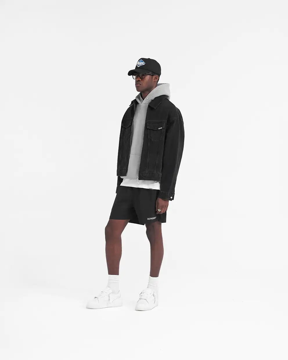 Represent Black Jacket With Classic Collar And Logo Patch On The Pocket In Denim Man In Black