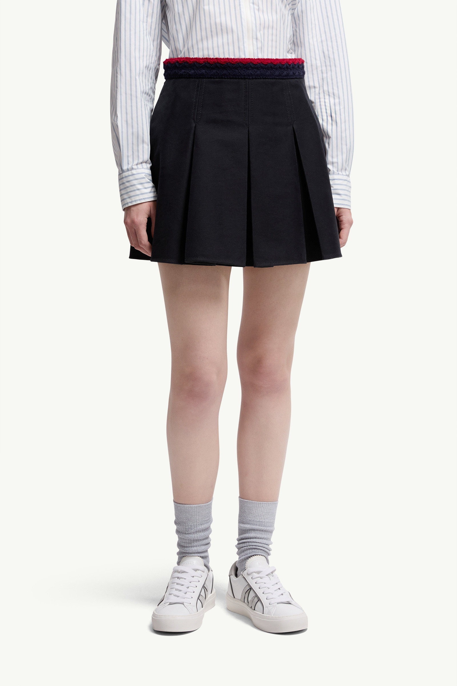 Moncler Cotton Gabardine Pleated Mini Skirt In Blue