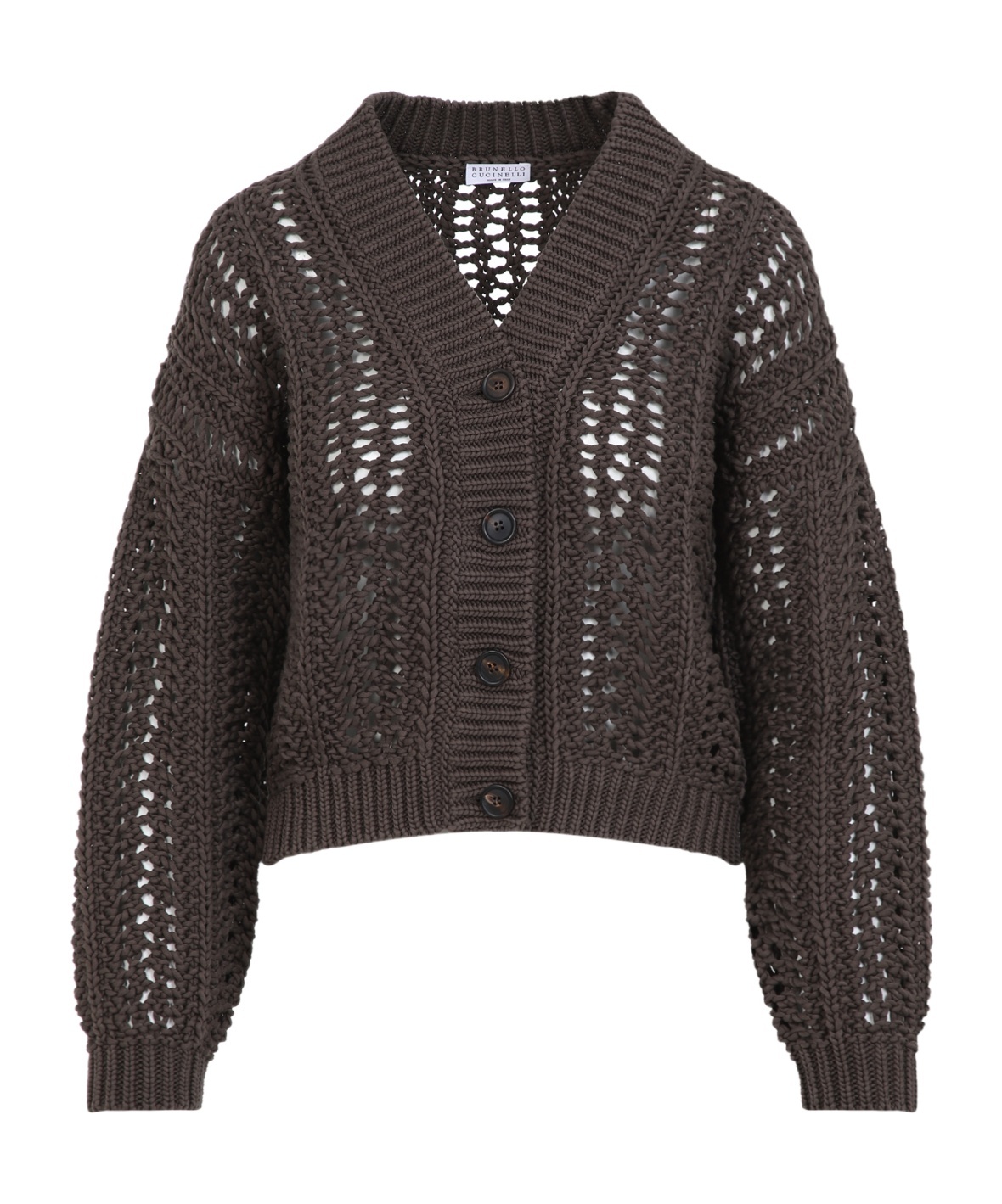 Brunello Cucinelli Cropped Open-knit Cardigan With Deep V-neckline In Black