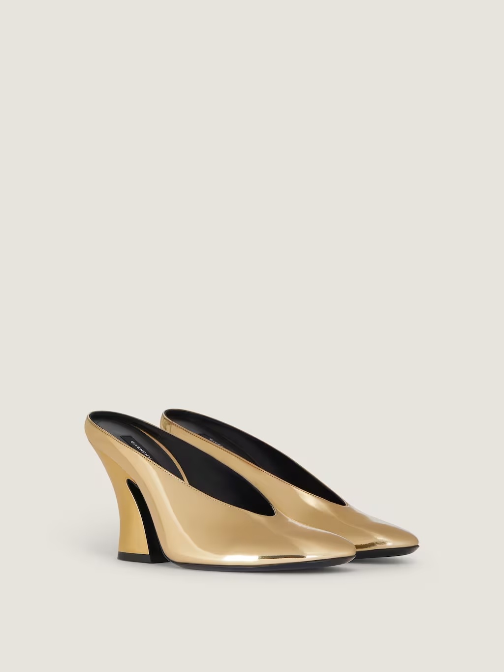 Givenchy Sculpted Heeled Mules In Mirror Effect Leather In Gold