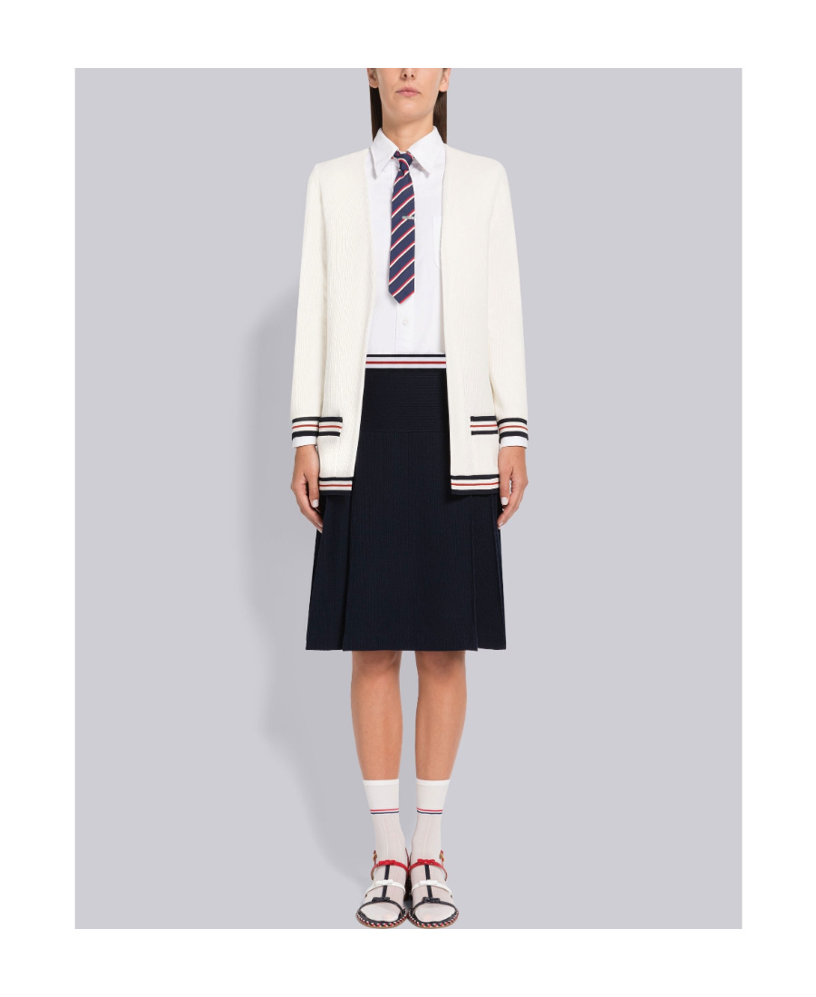 Thom Browne Rwb Stripe Ribbed Cardigan In White