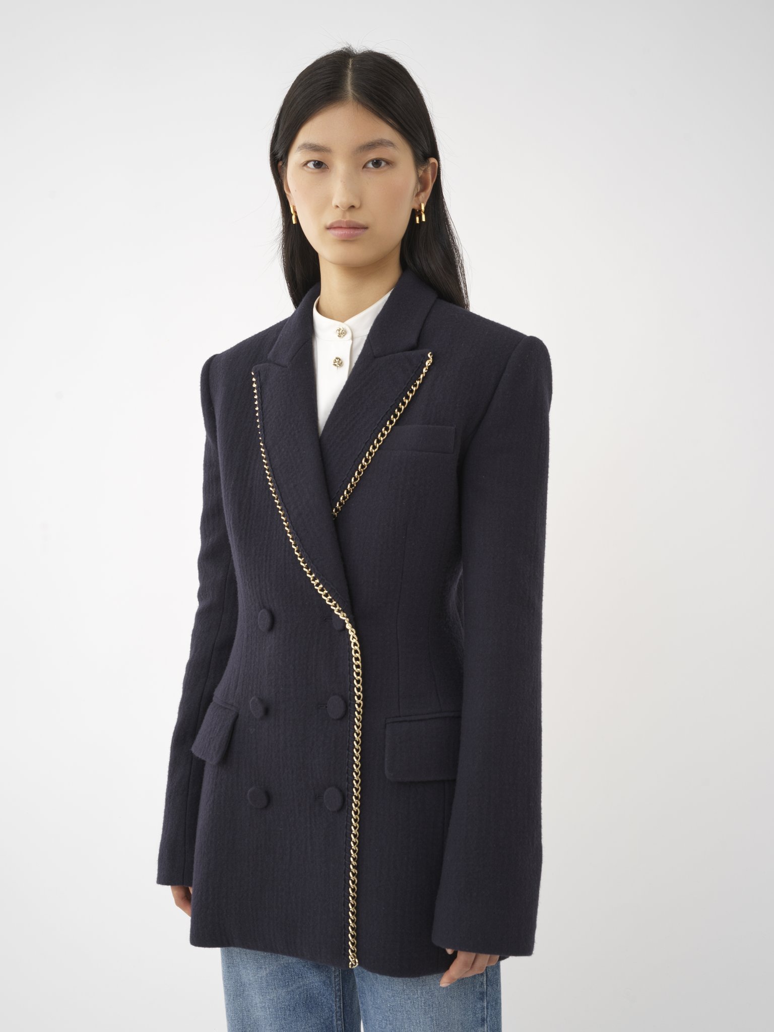 Chloé Double-breasted Wool Jacket With Structured Shoulders In Blue
