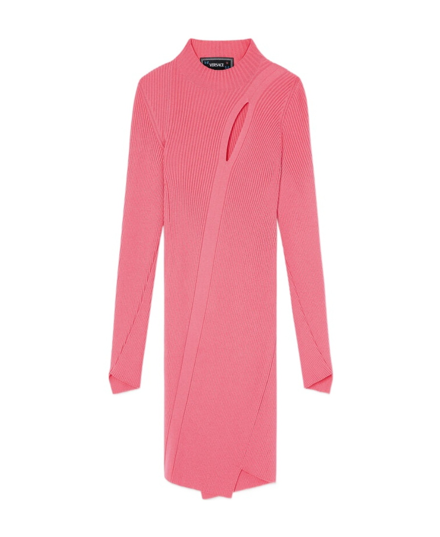Versace Ribbed-knit Slashed Minidress In Pink