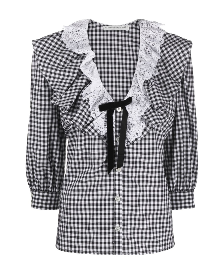 Alessandra Rich Check-print Ruffle-collar Shirt In Gray