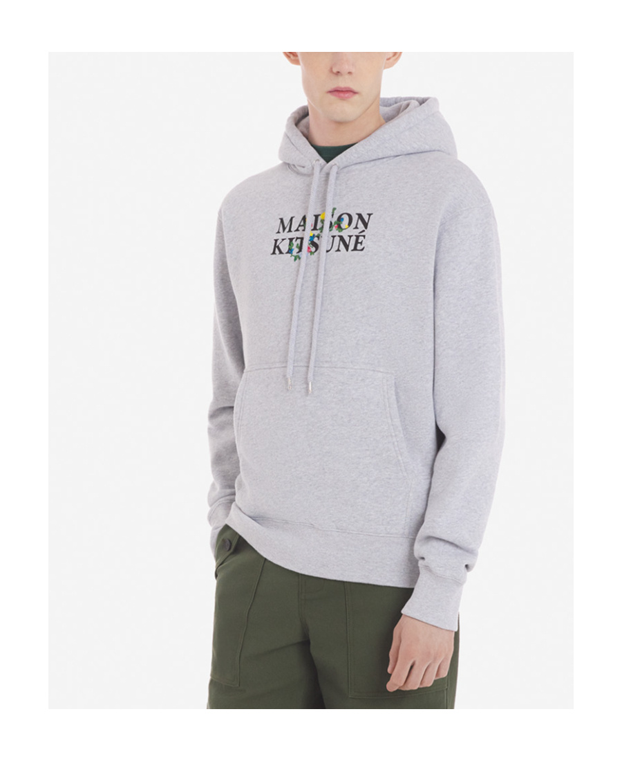 Maison Kitsuné Logo-print Drawstring Cotton Hoodie In Gray