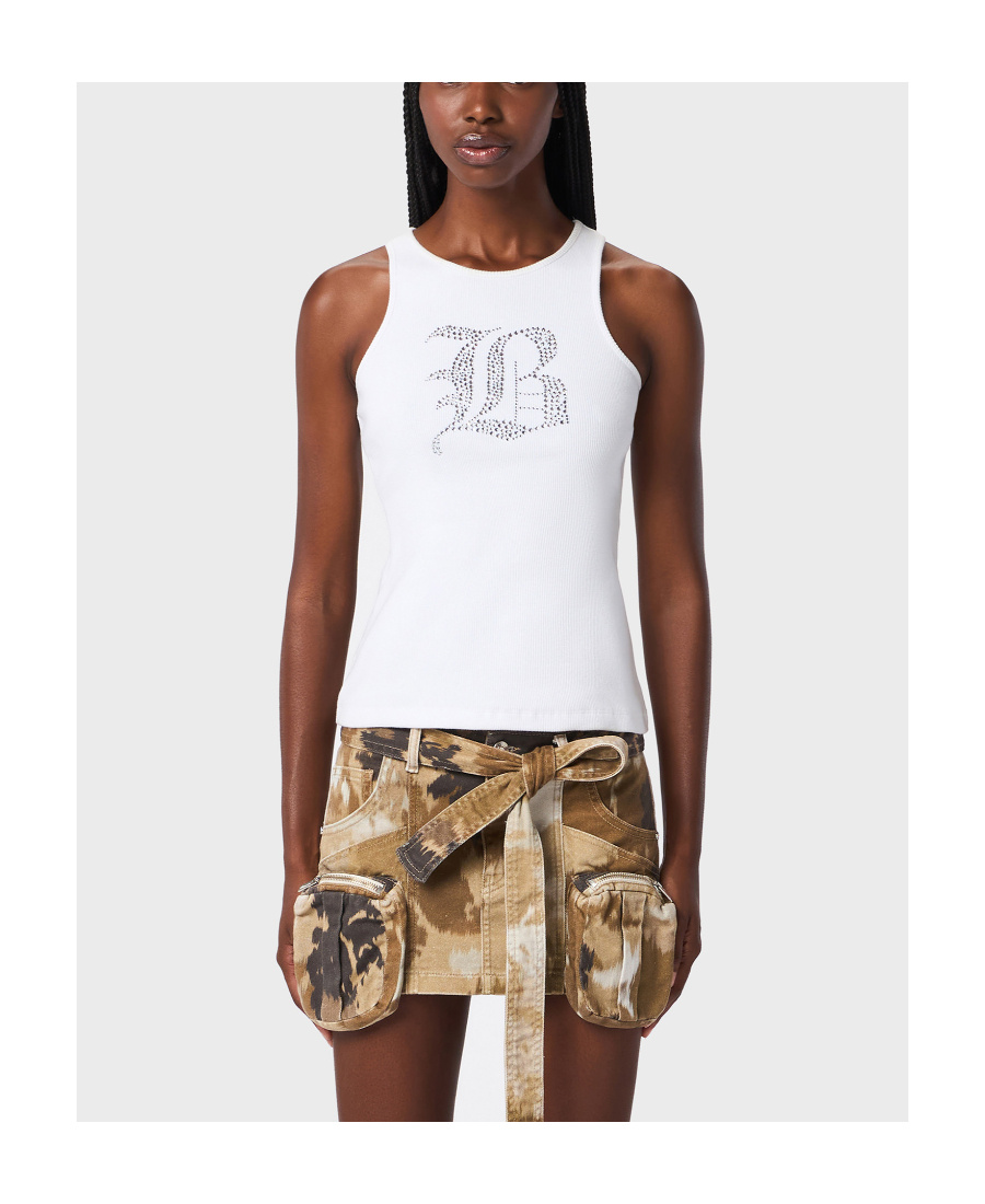 Blumarine Ribbed Tank Top With Rhinestoned Logo In White
