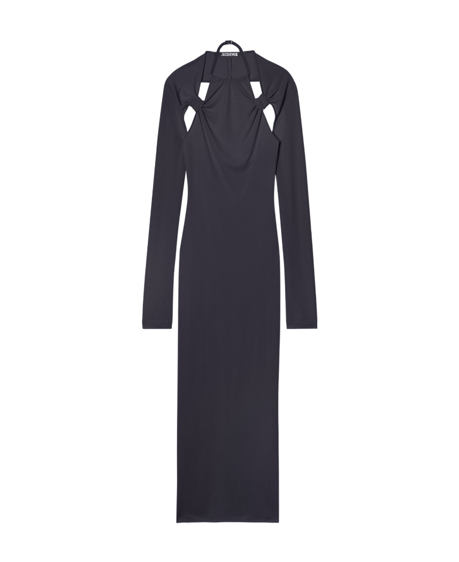 Jacquemus Navy Blue Hollowed-out Dress In Black