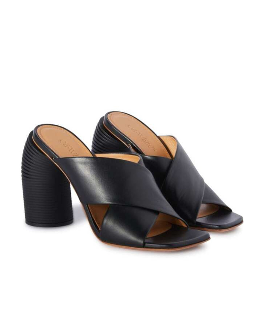 Off-white Leather Criss Cross Spring Mules With Statement Heel 10 Cm In Black